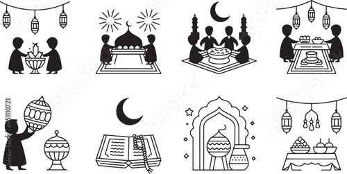 Ramadan Kareem celebration vector illustration set featuring mosques, lanterns, stars, and cres