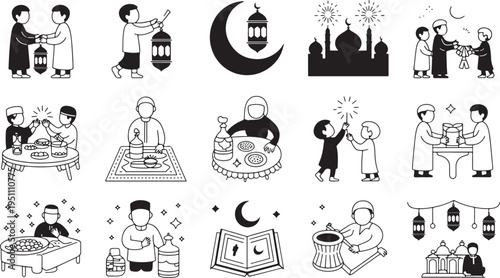 Ramadan Kareem Line Art Illustration Set Featuring Mosque Crescent Moon Charity and Iftar Acts