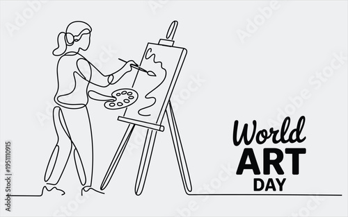 Black and white line of a person painting a canvas on an easel