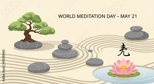 Serene meditation scene with tree stones and lotus flower for world meditation day on beige background