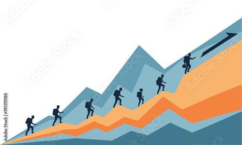 People climbing a rising graph, symbolizing business growth and progress and upward trend.