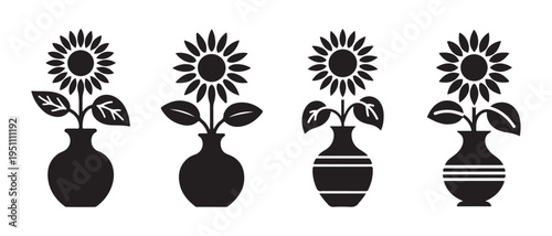 Set of Minimalist Sunflower Silhouettes in Decorative Vases, Black and White Graphic Icons Isolated on White Background.