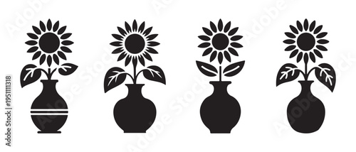 Set of Four Black Sunflower Silhouettes in Vases, Minimalist Floral Icon Collection on White Background.