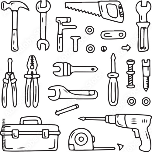 hand drawn doodle industrial equipment outline icons set vector illustration design collection art