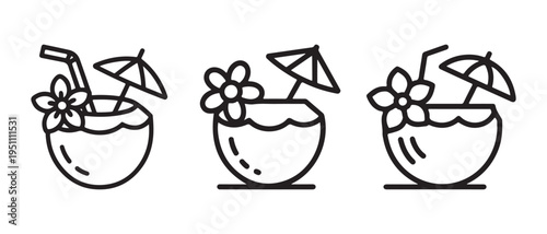 Minimalist Line Art Coconut Cocktail Icons with Tropical Decorations for Summer Vacation and Refreshment Themes.