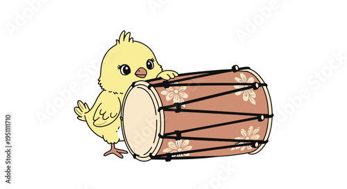 Adorable Chick Playing a Traditional Drum with Floral Design.