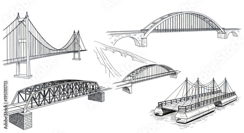 Collection of Hand-Drawn Bridge Designs: Suspension, Arch, Truss, and Pontoon