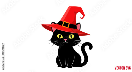 Cute Black Cat Wearing Red Witch Hat, Halloween Character, Vector Illustration