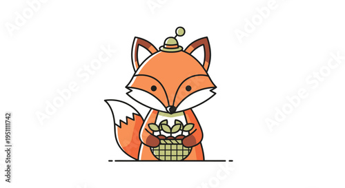 Adorable Fox with Basket of Treats and a Cute Hat.