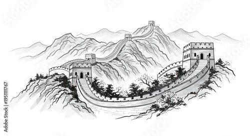 Great Wall China Ink Wash Painting Landscape Mountains