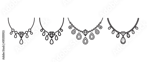 Elegant Line Art Diamond Necklace Collection, Minimalist Jewelry Pendants Set Isolated on White Background.