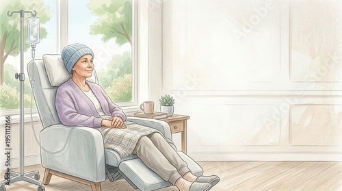 Illustration of chemo patient sitting in hospital chair looking out window. Woman in beanie receives intravenous infusion in clinic. Cancer treatment, healthcare and oncology recovery concept.