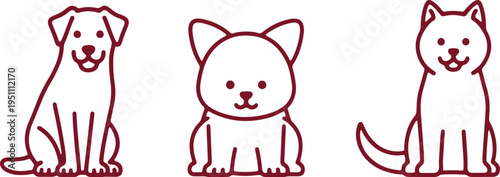 Simple illustration of a dog and two cats in seated positions
