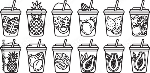 Assorted tropical fruit smoothies in cups with straws illustrated in black and white Vector