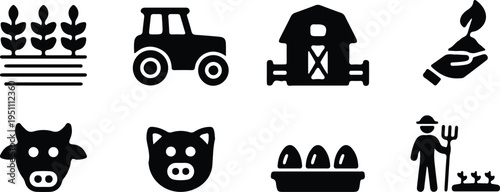 hand drawn agriculture farm harvest cow pig black icon silhouette vector illustration design art 