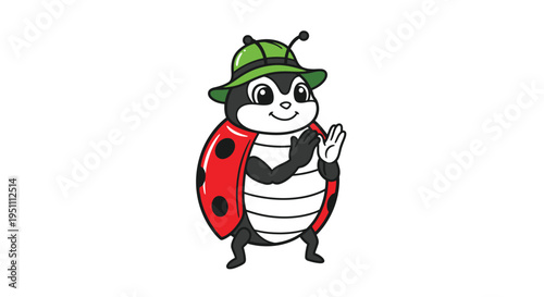 Cartoon Ladybug Character Wearing a Green Hat Clapping Hands.