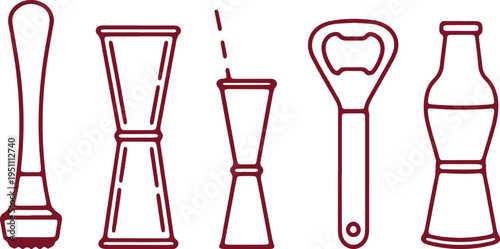 A collection of bar tools and drinkware illustrations