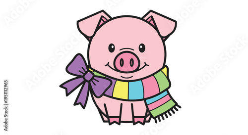 Charming Cartoon Pig with Scarf and Bow Illustration.