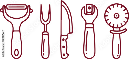 Set of kitchen and food preparation tools illustrated in a minimalist style