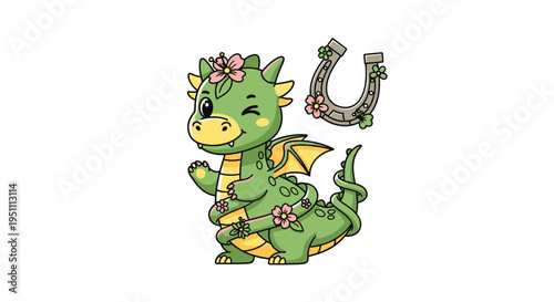 Charming Green Dragon with Floral Crown and Lucky Horseshoe Illustration.