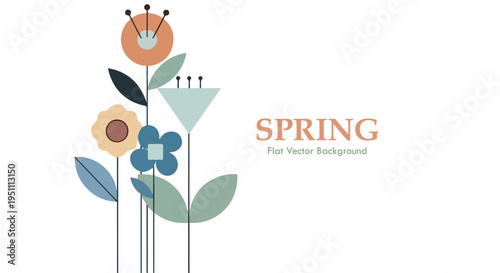 Minimalist flat vector illustration of stylized spring flowers with geometric shapes and "SPRING" text on a white background.