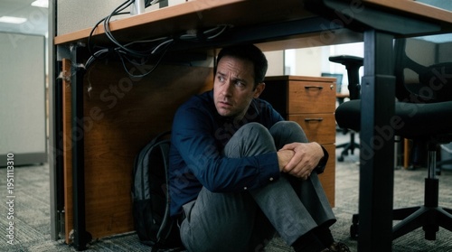 Scared man hiding under a desk in a modern office cubicle. Concept of workplace fear, emergency drill, earthquake safety, anxiety, or hiding from a threat in a professional environment.