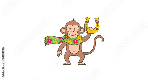 Cheerful monkey with scarf holding a golden horseshoe for luck.