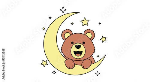 Cute Bear Cub Sitting on Crescent Moon Surrounded by Stars.