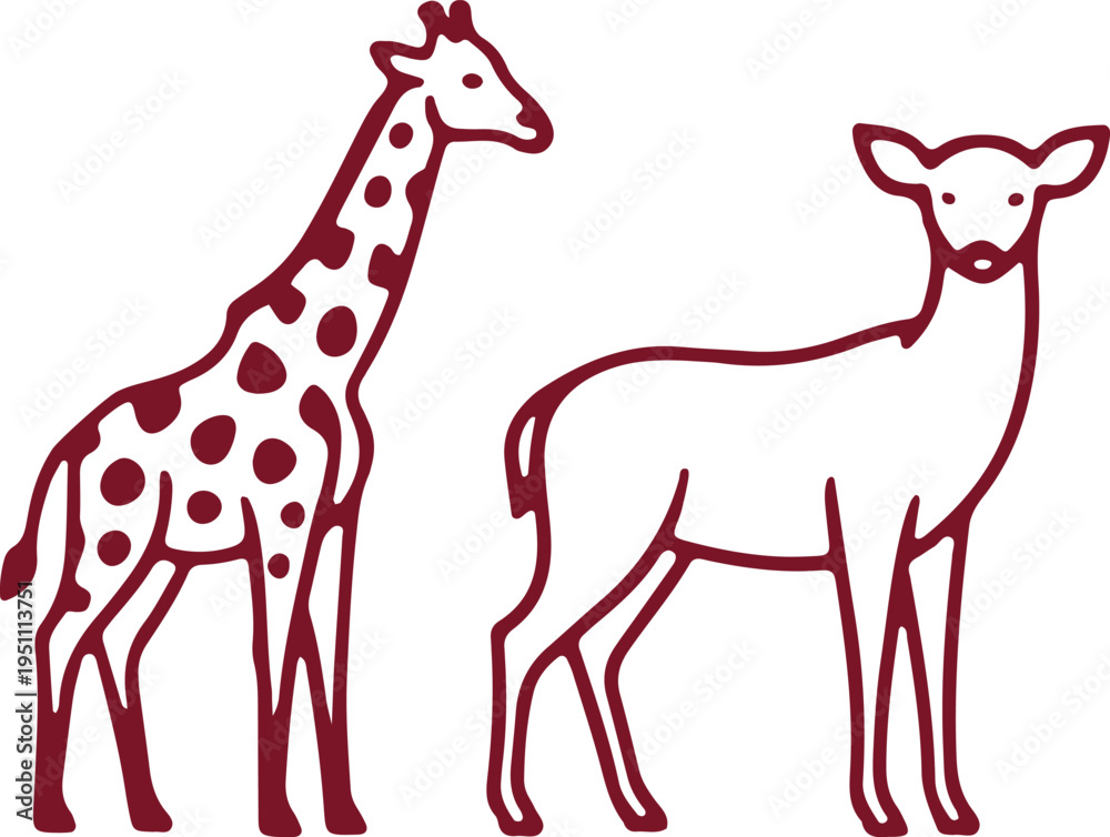 Fototapeta premium Giraffe and antelope standing side by side in silhouette style