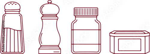 Four common kitchen spice and seasoning containers illustrated in outline form