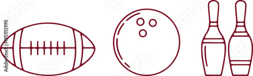 Illustrations of three different types of sports equipment: football, bowling ball, and pins