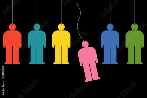 Conceptual illustration of colorful human figures suspended by strings, with one figure hanging and detached, symbolizing control, manipulation, social pressure, and individuality within a system