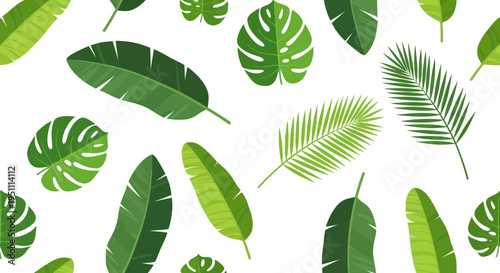 Assorted Tropical Leaves Pattern on White Background, Botanical Design