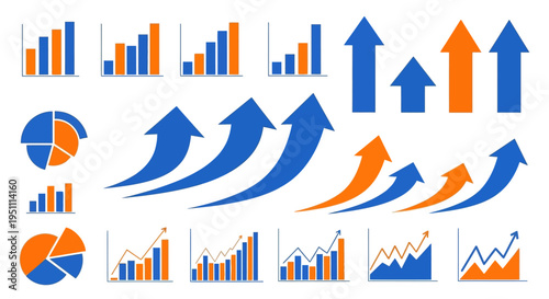 Collection of business charts and arrows for finance analysis
