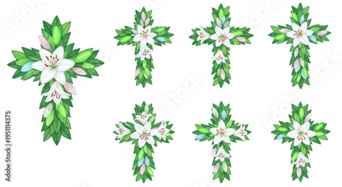 Easter Crosses with Lilies and Green Leaves, Religious Symbol, Spring Decoration