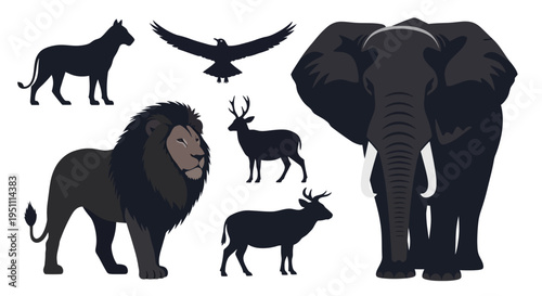 Wildlife animal silhouettes, safari icons set