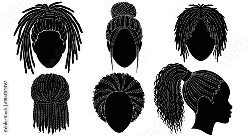 Diverse Black Hairstyles Silhouette Collection - Braids, Locs, Ponytail