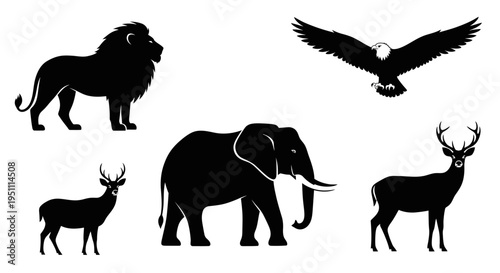 black silhouettes of wild animals, lion, eagle, elephant, deer