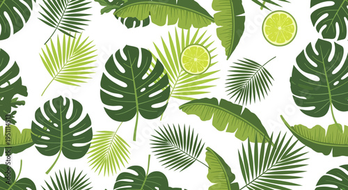 Tropical leaf pattern with lime slices on white background