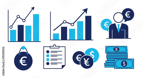 Business finance and economy icons with graphs, money, and statistics