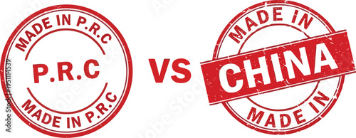 Made in P.R.C vs Made in China Comparison Red Rubber Grunge Stamp Seals Isolated on White