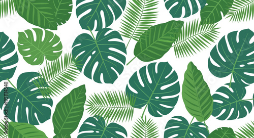 Tropical botanical leaf pattern with monstera and palm leaves on white background
