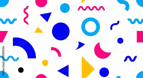 Vibrant abstract geometric shapes pattern with colorful memphis design elements