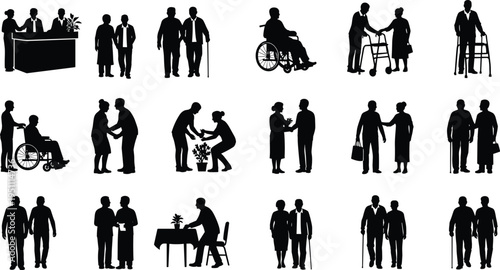 Elderly care silhouette set, senior assistance scenes, caregivers helping old people, healthcare support concept, isolated black figures, social service illustration collection