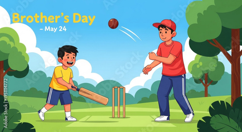 Brothers playing cricket outdoors on green field with trees