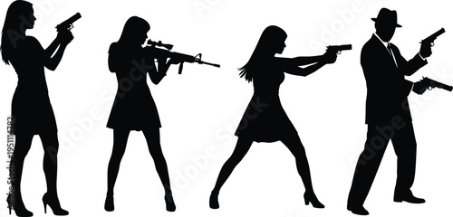 Action character silhouette set, spy agents poses, secret mission concept, cinematic people figures, isolated black illustration, thriller movie style collection