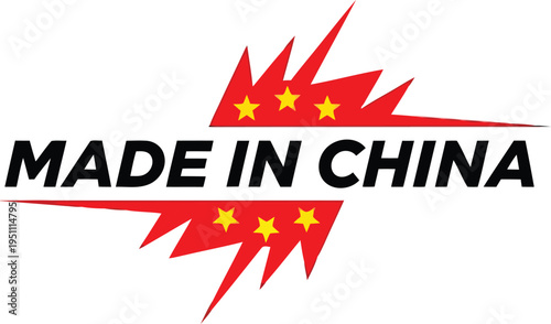 Made in China Badge Icon with Red Star Burst Graphic Design and Typography