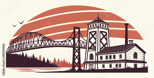 Vancouver Skyline Silhouette Vector with Columbia River Bridge