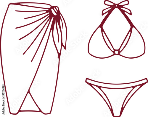 Illustration of swimwear and beachwear including a sarong, bikini top, and bottoms