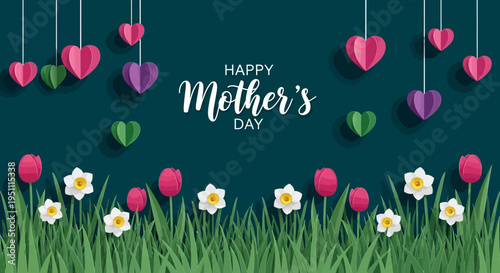 Happy Mother's Day Greeting Card with Paper Cut Flowers, Tulips, Daffodils and Hanging Hearts on Dark Background